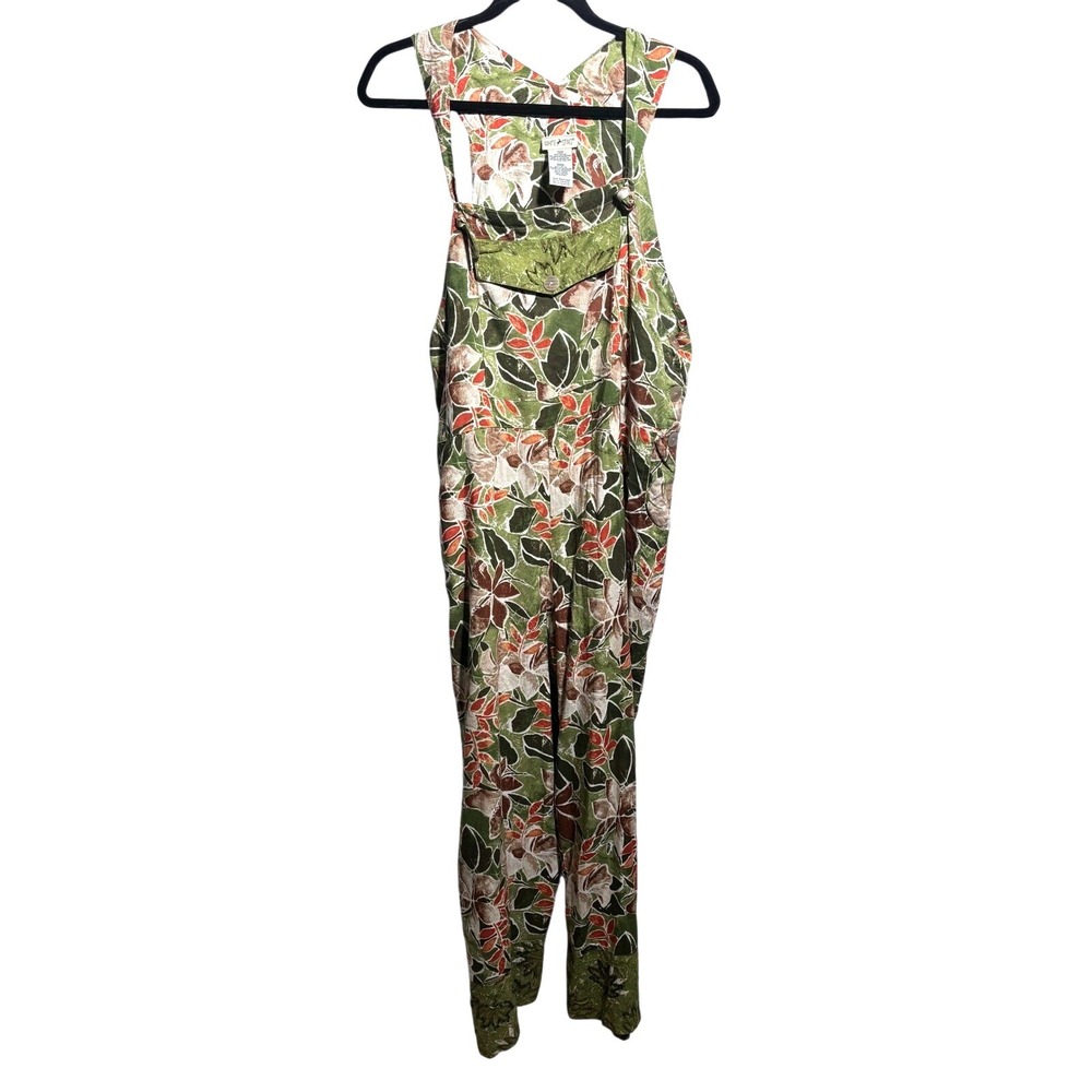 Vintage 90s Earthy Leaves‎ Green Rayon Overalls Jumpsuit Womens L Boho Retro